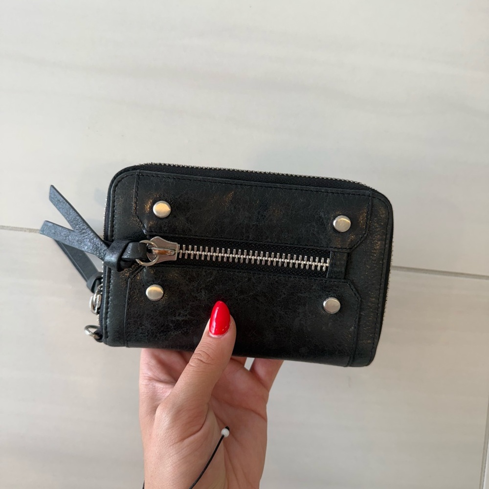 Black Leather Wallet with Zipper Detail